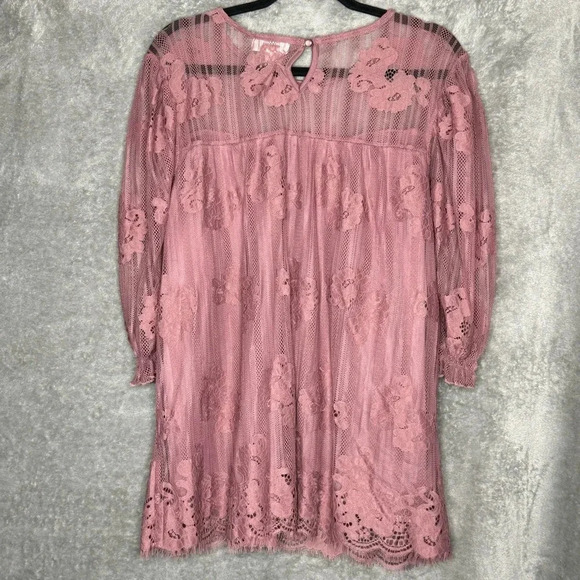 Shannon Ford 1X Shirt Top Pink Floral Flower Lace Short Sleeve Scoop Neck Sheer - Picture 5 of 9